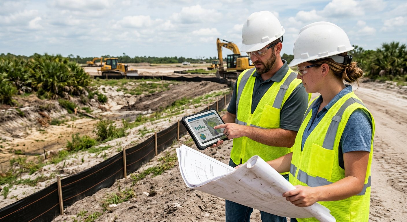 Two construction professionals reviewing plans and stormwater documentation at an active Florida construction site